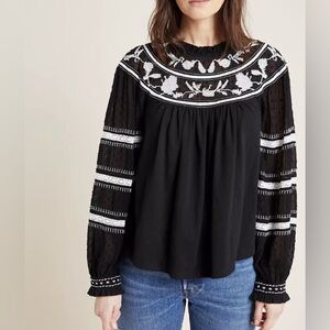 Anthropologie Maeve Winona Lace Top Peasant Shirt Size Small Black Puff Sleeves